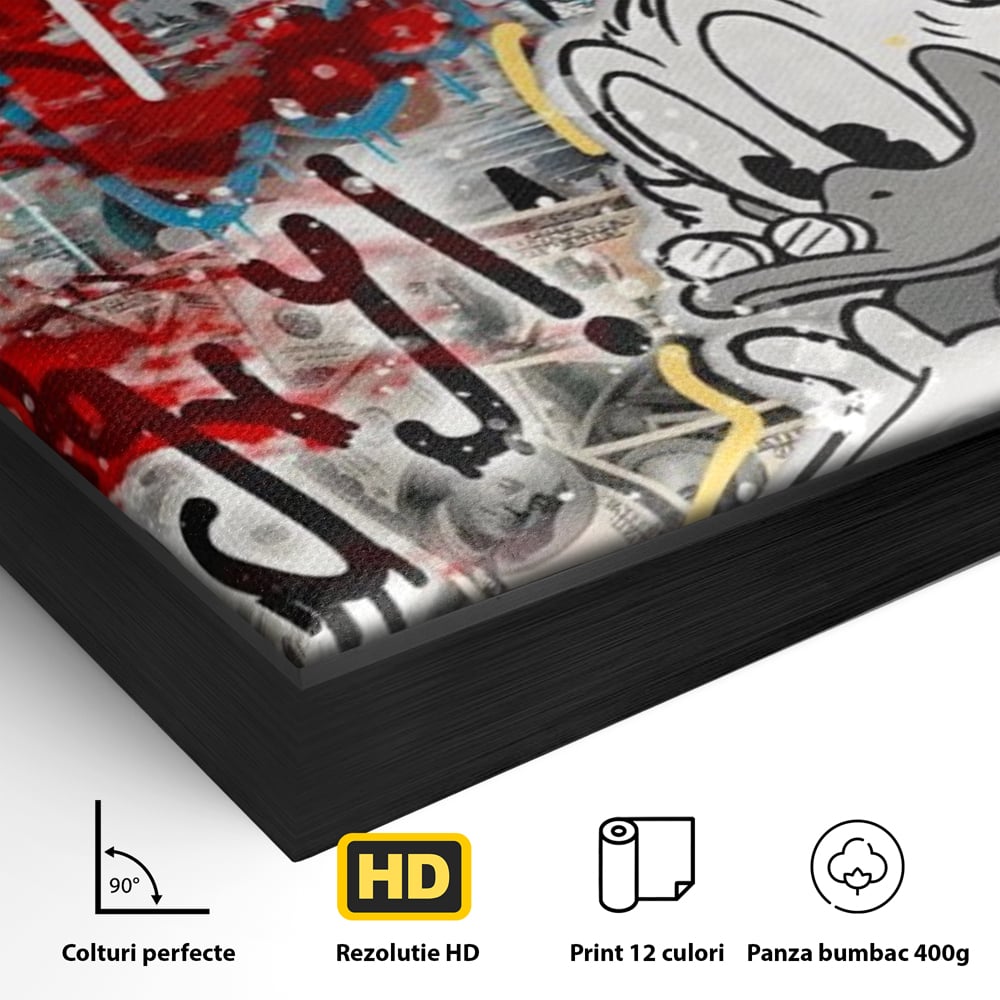 Detaliu al suprafetei: tablou canvas cu scrooge mcduck si graffiti, in rama de aluminiu negru